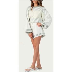 Lucca Couture Hygena Striped Cotton Knit Shorts, in Cream and Sage, Large